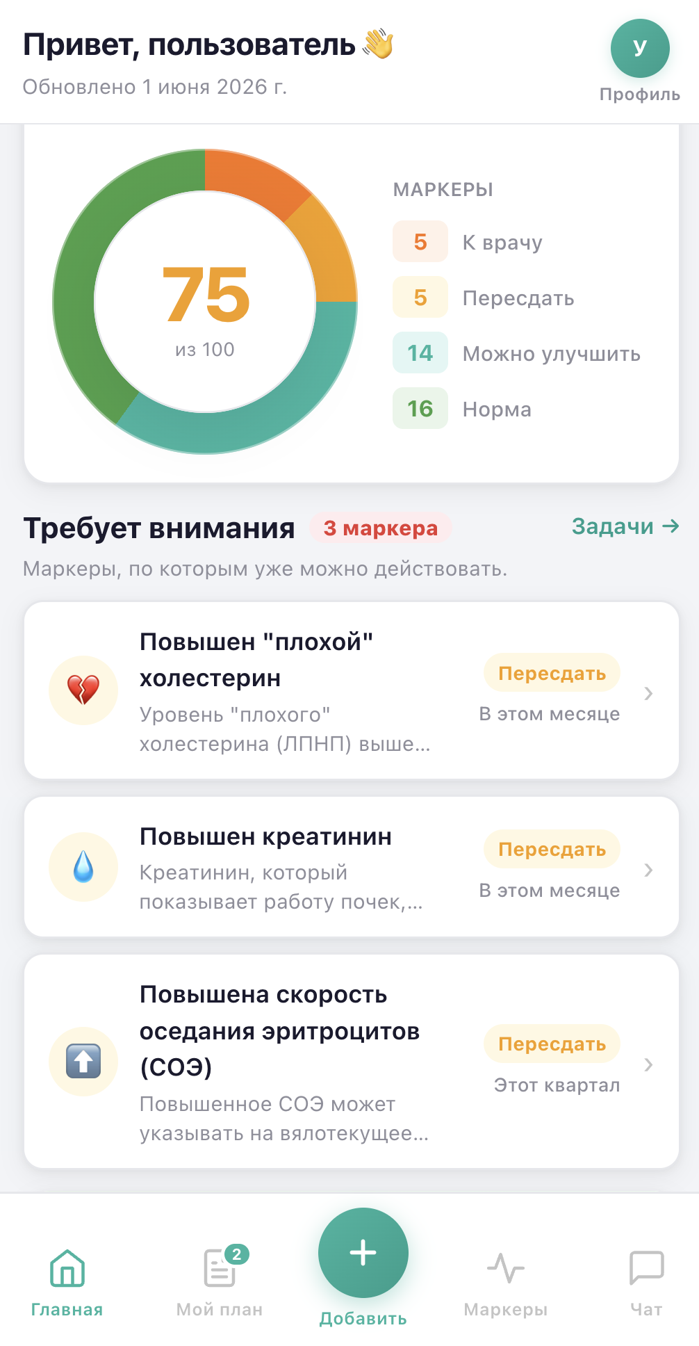 Экран Healthee со сводкой по показателям загруженного анализа